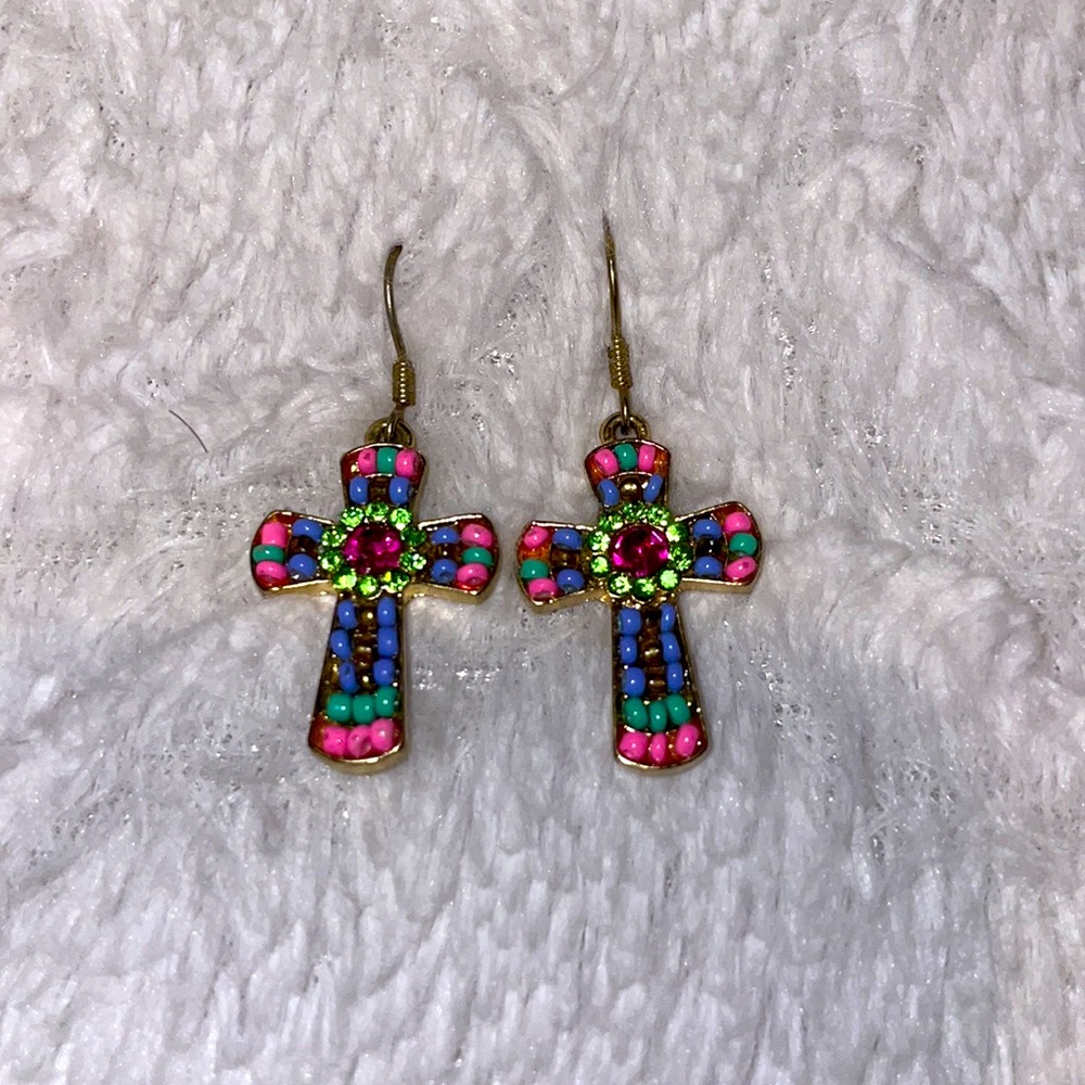 Multicolor beaded cross earrings